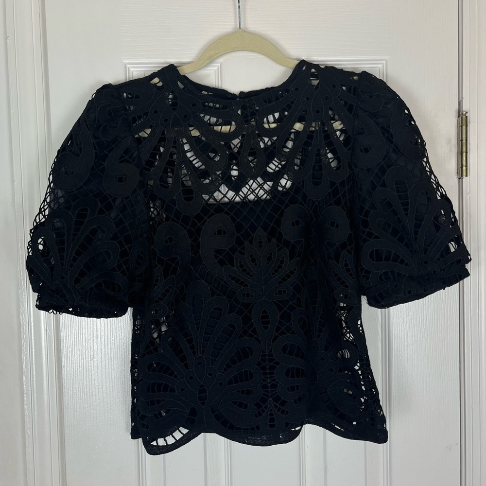 Express Black Crochet Lace Puff Sleeve Blouse